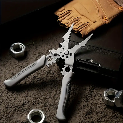 🚀 Industrial-grade high-carbon stainless steel wire cutting pliers and stripping pliers - Multi-functional, featuring electrical connection, cutting, crimping, and measurement markings - Durable metal structure, suitable for electricians and DIY home users, stripping tool💪