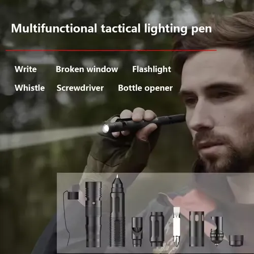 😏Tactical multi-tool flashlight pen with outdoor survival and self-defense functions, featuring a glass breaker and bottle opener.