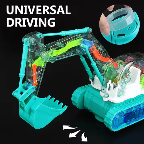 Children's electric transparent gear excavator, universal music and light educational toy, boy engineering vehicle
