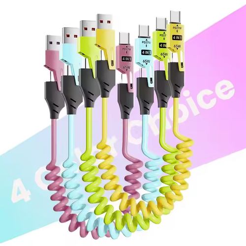 The 65W spring data cable for car super fast charging is a four-in-one telescopic cable suitable for both Apple and Android phones