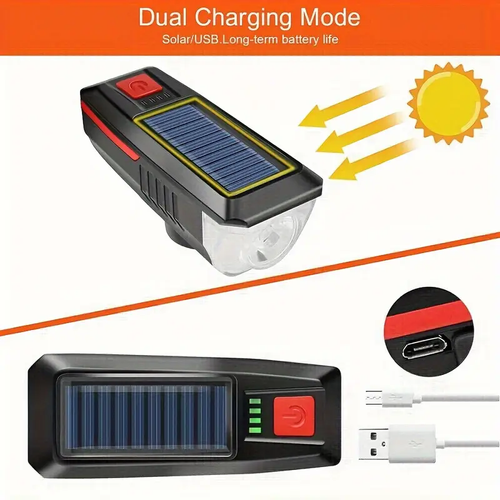 Solar LED bicycle lamp, equipped with a 126dB speaker, with a lighting range of 7,874.02 inches, USB rechargeable, enhances safety while riding, and serves as decorative lighting for adult bicycles and electric scooters.