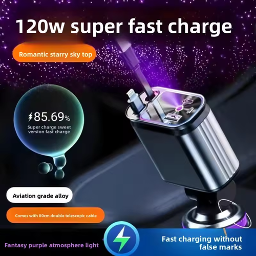 4 in 1 Car Charger with Starry Sky Spotlight IOS USB C Retractable Cables Real 66W Fast Charging for Iphone Android Universal