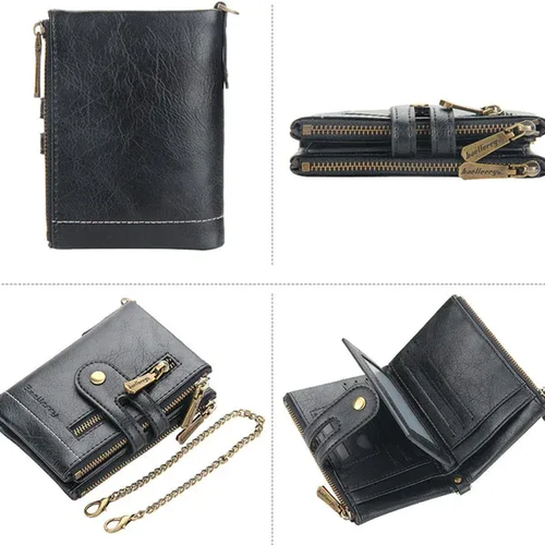 Baellerry 2024 New Wholesale Short Style Double Zipper Wallets With Chain for Men,Male Coin Purse Card Wallets Case Wholesale