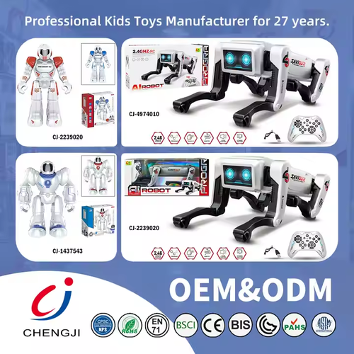 A programmable interactive remote-controlled robot toy with educational functions, lighting, music, voice control and intelligent artificial intelligence features - a robot dog