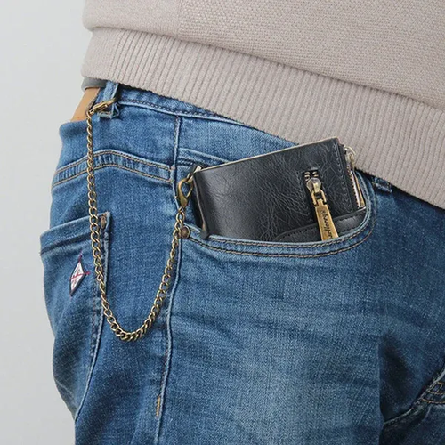 Baellerry 2024 New Wholesale Short Style Double Zipper Wallets With Chain for Men,Male Coin Purse Card Wallets Case Wholesale