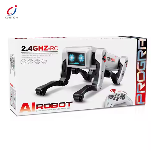 A programmable interactive remote-controlled robot toy with educational functions, lighting, music, voice control and intelligent artificial intelligence features - a robot dog