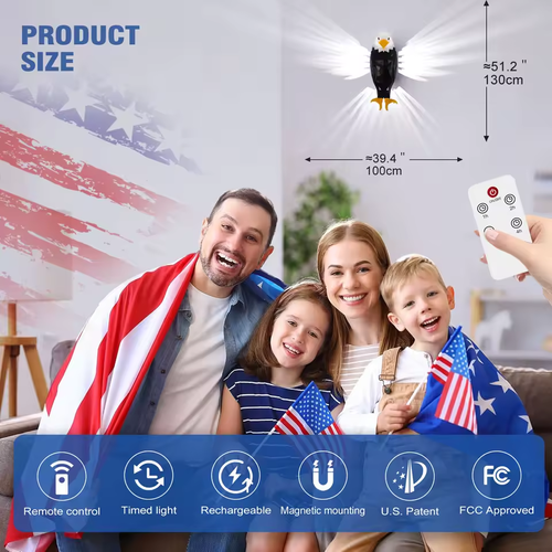 Eagle-shaped night light, rechargeable, remote-controlled magnetic wall-mounted lamp, suitable for bedrooms and corridors, using USB charging method.