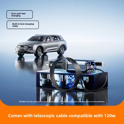 4 in 1 Car Charger with Starry Sky Spotlight IOS USB C Retractable Cables Real 66W Fast Charging for Iphone Android Universal