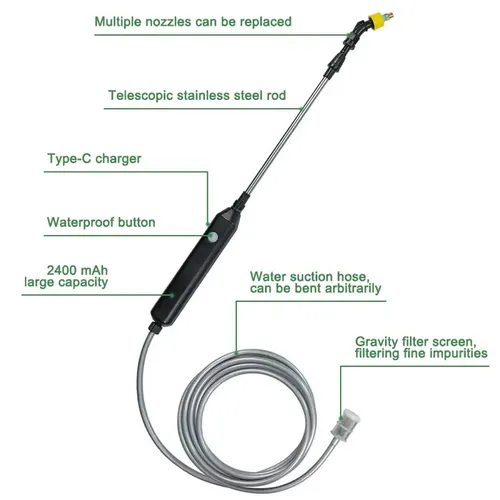 ⚡💦 Battery-powered electric sprayer, with a multi-functional design, equipped with two nozzles and capable of automatic switching, with adjustable flow rate, suitable for use with gardening tools.