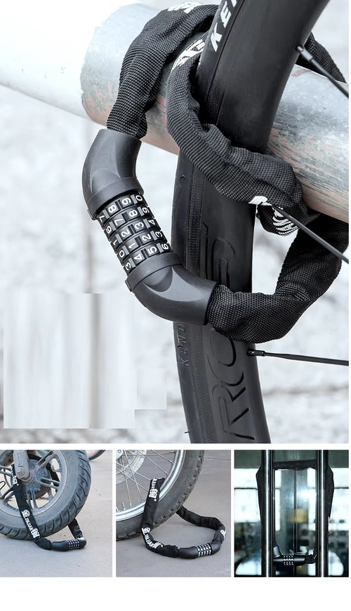 Top-quality 5-digit steel bicycle chain lock with personalized anti-theft code. Mountain bike, electric bike, motorcycle lock.