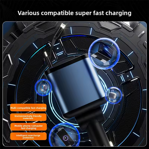 4 in 1 Car Charger with Starry Sky Spotlight IOS USB C Retractable Cables Real 66W Fast Charging for Iphone Android Universal