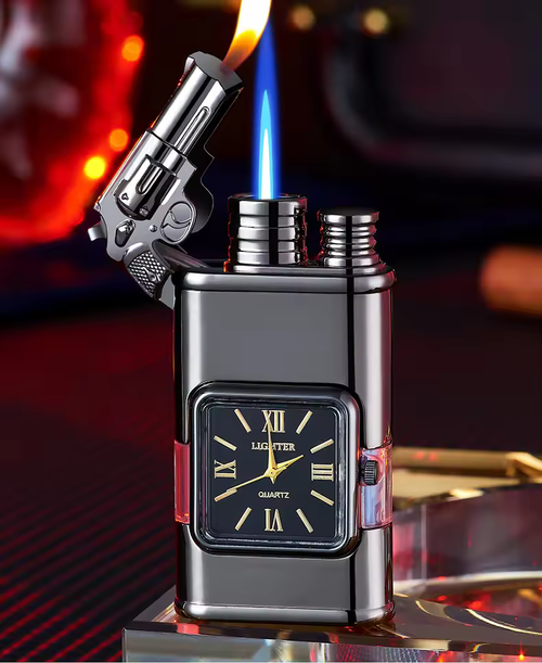 Embossed with quartz dial Breathable windproof double fire inflatable lighter stone Daily and business gifts