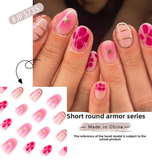 Euromerican Short Round Nail Art Flower Star Wearable Nails Press On Nails