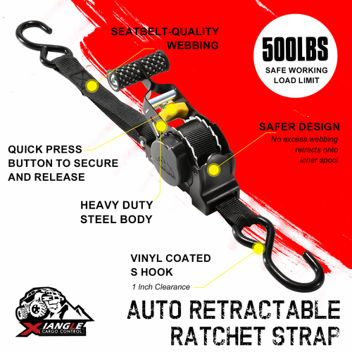 Self-retracting automatic ratchet tie-down straps