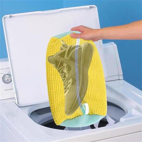 Yellow Best-Selling Lazy-Cook Shoe Wash Bag - Cylindrical Cotton-Polyester Laundry Bag | Portable Shoe Protector Bag for Washing Machine (Anti-Deformation)