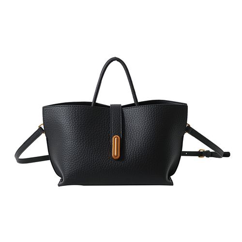 Spacious Black PU Tote Bag - Korean Textured Leather Bag with Adjustable Shoulder Strap | SS25 Vintage Commuter Essential Bag for Women