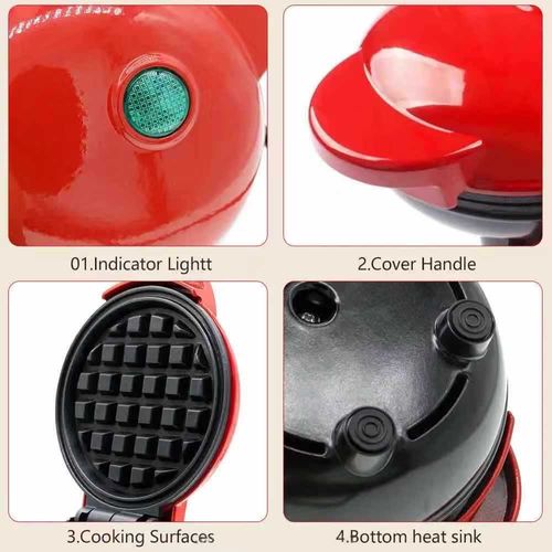 Red CE-Certified Mini Waffle Maker for Home - Efficient Household MIN MAKE WAFFLE Machine | Quick Baking Tool for Kids' Toast & Waffles