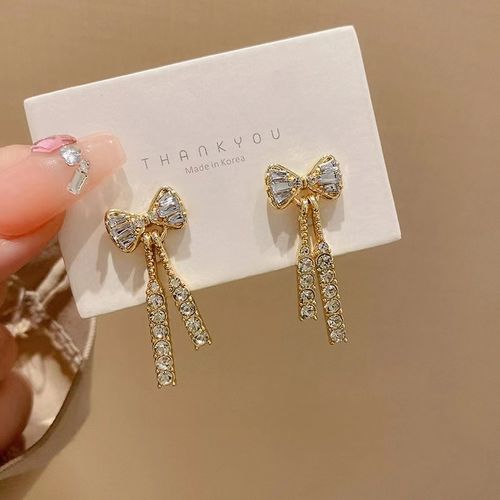 Gold-Plated S925 Silver Needle Earrings - A Pair of Exquisite Zircon Bowknot Dangles | light luxury Long Tassel Earrings with Luxury Appeal, Fairy-like Elegance for Women