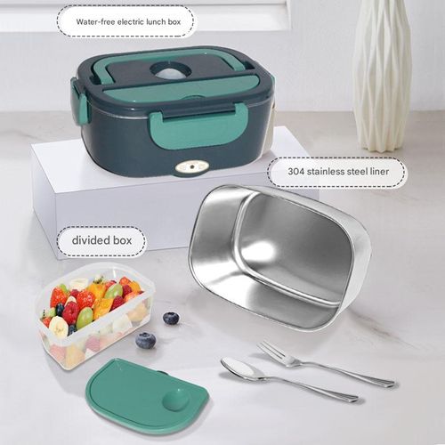 Dark Green Car-Mounted Home Electric Lunch Box - Stainless Steel Dual Voltage Food Warmer | Portable Heating Container for Office Meal Prep