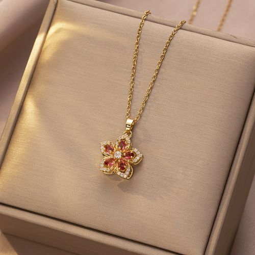Orange & White Bauhinia Rotatable Necklace for Women - Dainty Zircon Flower Necklace with Spinning Design | Unique Rotatable Zircon Clavicle Chain, Fashionable Jewelry