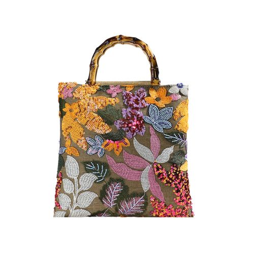 New Bamboo Handle Tote Bag - Stylish Large-Capacity Retro Women's Handbag with Colorful Sequins & Heavy Embroidery | Trendy Evening Bag (Orange, Flower Pattern Random Cut)