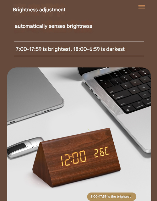 Brown Wood White Light Triangle Retro Silent Wooden Clock - Multifunctional Creative LED Clock | Desktop Digital Alarm Clock with Electronic Temperature and Humidity