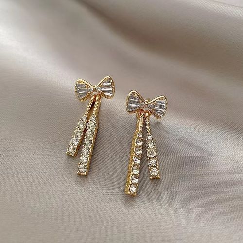 Gold-Plated S925 Silver Needle Earrings - A Pair of Exquisite Zircon Bowknot Dangles | light luxury Long Tassel Earrings with Luxury Appeal, Fairy-like Elegance for Women