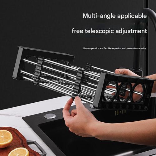 Black Thickened 304 Stainless Steel Drain Rack - Retractable Kitchen Sink Organizer | Portable Storage Rack for Fruits, Veggies, Dishes & Bowls