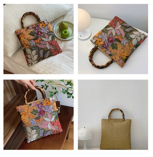 New Bamboo Handle Tote Bag - Stylish Large-Capacity Retro Women's Handbag with Colorful Sequins & Heavy Embroidery | Trendy Evening Bag (Orange, Flower Pattern Random Cut)