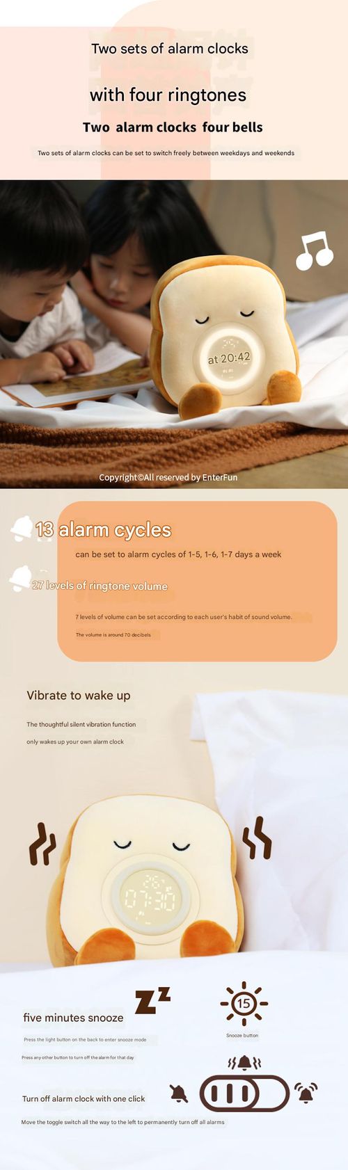 New Toast-Shaped Plush Alarm Clock with Night Light - Multi-Functional Creative Electronic Alarm | Student-Friendly Bedside Sleep Companion Lamp for Bedroom