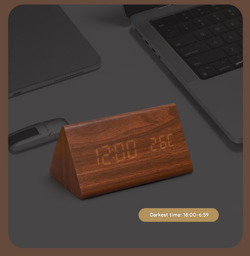Brown Wood White Light Triangle Retro Silent Wooden Clock - Multifunctional Creative LED Clock | Desktop Digital Alarm Clock with Electronic Temperature and Humidity