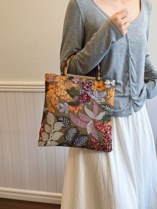 New Bamboo Handle Tote Bag - Stylish Large-Capacity Retro Women's Handbag with Colorful Sequins & Heavy Embroidery | Trendy Evening Bag (Orange, Flower Pattern Random Cut)