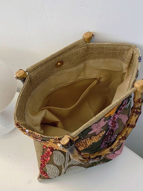New Bamboo Handle Tote Bag - Stylish Large-Capacity Retro Women's Handbag with Colorful Sequins & Heavy Embroidery | Trendy Evening Bag (Orange, Flower Pattern Random Cut)