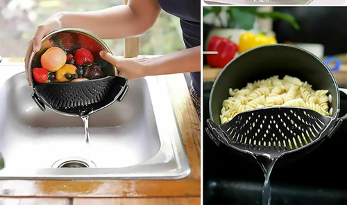 Black Silicone Clip-On Colander - Efficient Drainage Tool for Fruits, Vegetables & Noodles | Stove Side Drain Strainer for Pouring & Straining