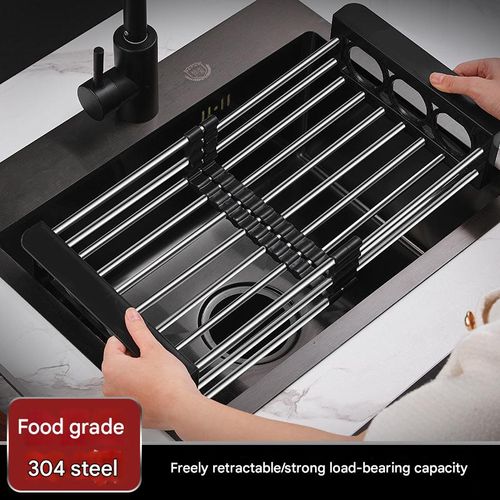 Black Thickened 304 Stainless Steel Drain Rack - Retractable Kitchen Sink Organizer | Portable Storage Rack for Fruits, Veggies, Dishes & Bowls