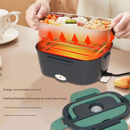 Dark Green Car-Mounted Home Electric Lunch Box - Stainless Steel Dual Voltage Food Warmer | Portable Heating Container for Office Meal Prep