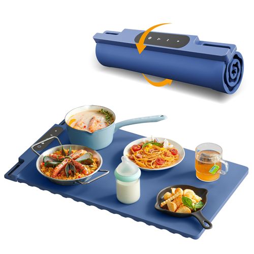 Gray-Blue Square Food Warmer Plate - Portable Heated Dining Mat with Constant Temperature | Anti-Slip, Flexible Silicone, Foldable & Rollable for Easy Storage