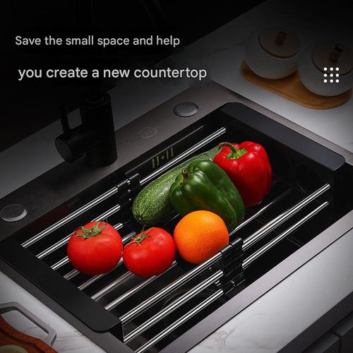 Black Thickened 304 Stainless Steel Drain Rack - Retractable Kitchen Sink Organizer | Portable Storage Rack for Fruits, Veggies, Dishes & Bowls