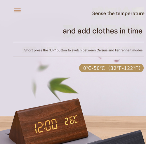 Brown Wood White Light Triangle Retro Silent Wooden Clock - Multifunctional Creative LED Clock | Desktop Digital Alarm Clock with Electronic Temperature and Humidity