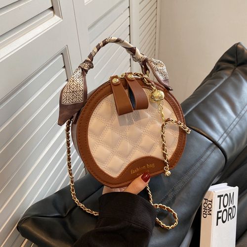 New Brown and Cream Diamond Check Shoulder Bag - A stylish and versatile small round tote | A timeless and elegant bag on trend