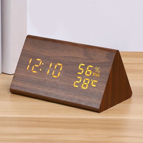 Brown Wood White Light Triangle Retro Silent Wooden Clock - Multifunctional Creative LED Clock | Desktop Digital Alarm Clock with Electronic Temperature and Humidity