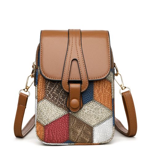 Women's Crossbody Phone Bag - Creative Stylish Luxury Mini Pouch | Multi-Compartment Zip Shoulder Bag, Versatile Elegant Vertical Design in Soft Leather, Random Irregular Blue & Brown Tones