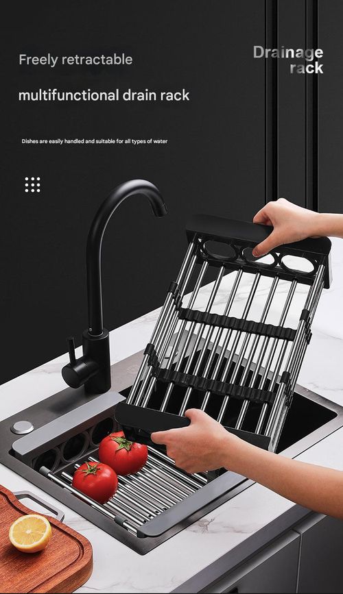 Black Thickened 304 Stainless Steel Drain Rack - Retractable Kitchen Sink Organizer | Portable Storage Rack for Fruits, Veggies, Dishes & Bowls