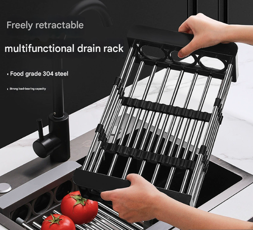 Black Thickened 304 Stainless Steel Drain Rack - Retractable Kitchen Sink Organizer | Portable Storage Rack for Fruits, Veggies, Dishes & Bowls