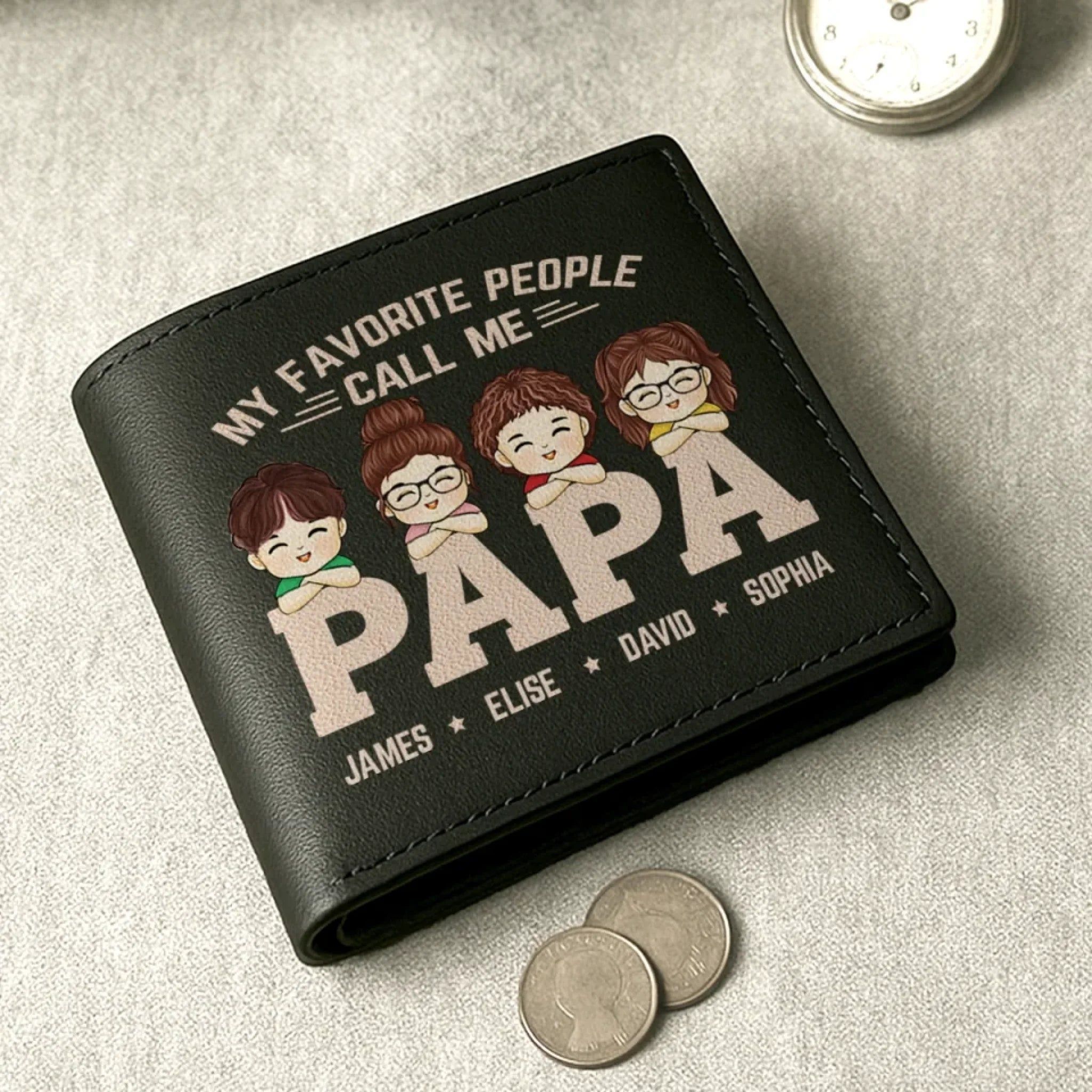 Mes personnes préférées m'appellent Papa - Portefeuille en cuir imprimé recto verso personnalisé pour la famille - Cadeau pour la fête des pères, papa, grand-père