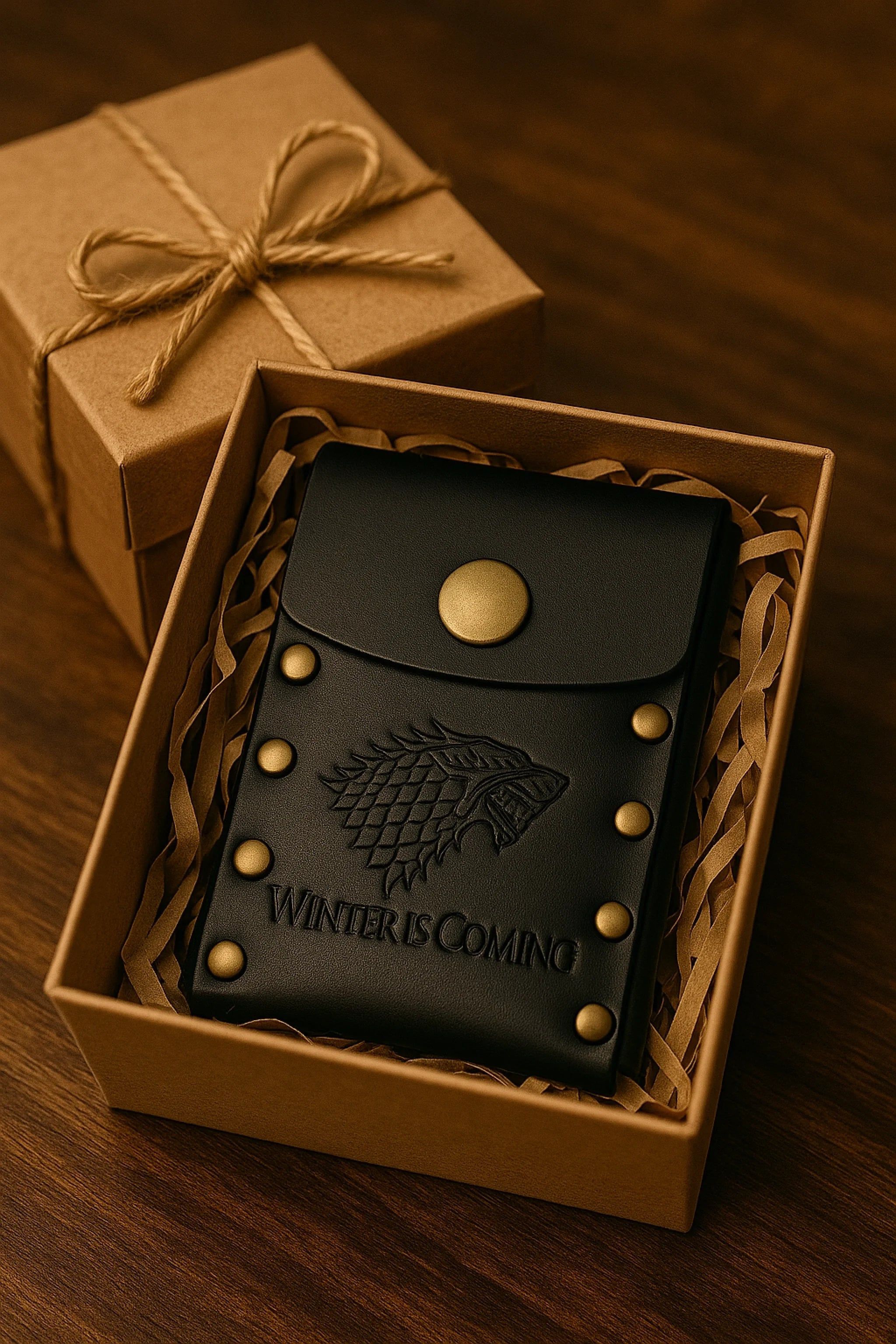 Tarjetero de piel vintage hecho a mano de invierno con nombre personalizable