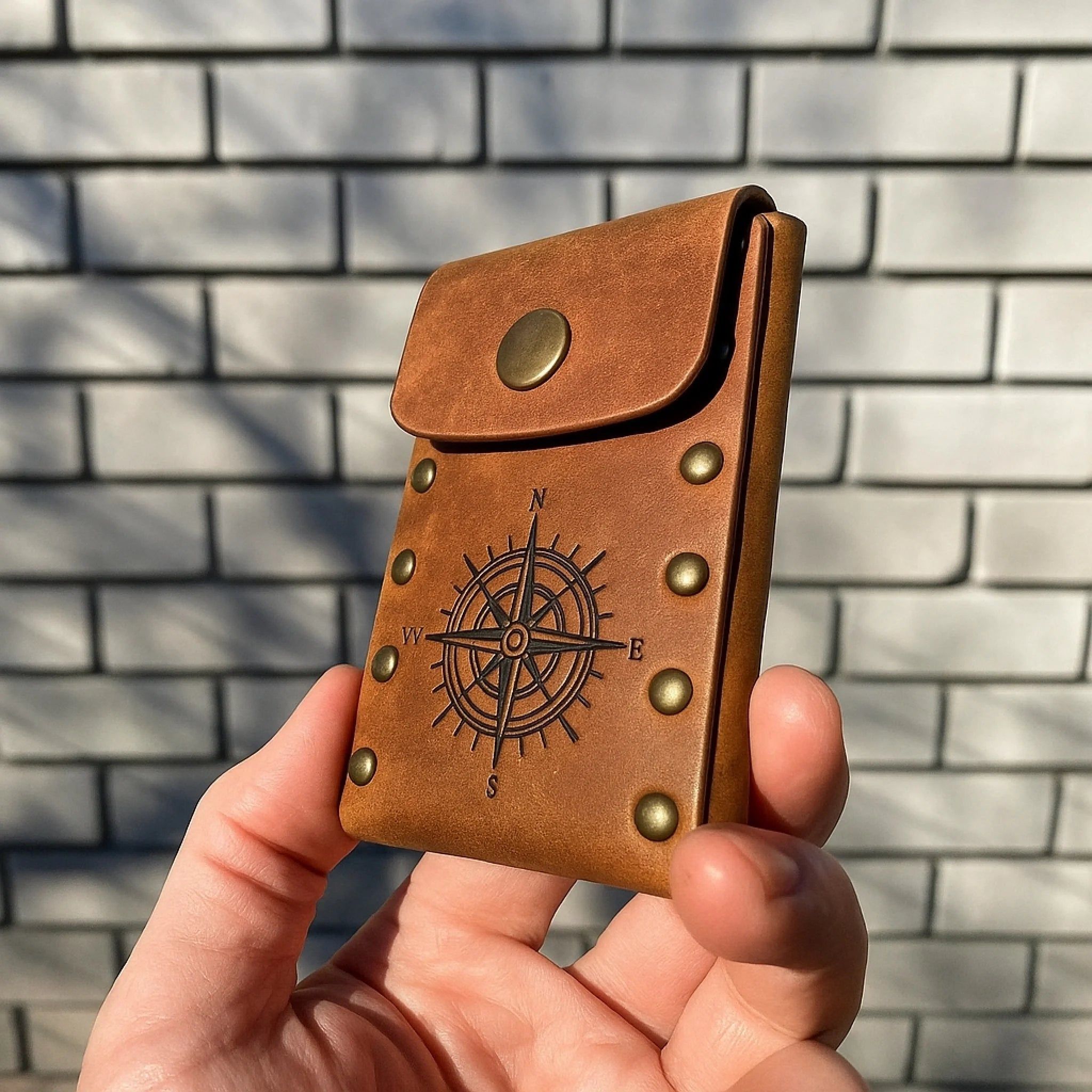 Rosa de los Vientos - Tarjetero de Cuero Vintage Hecho a Mano - Nombre Personalizado
