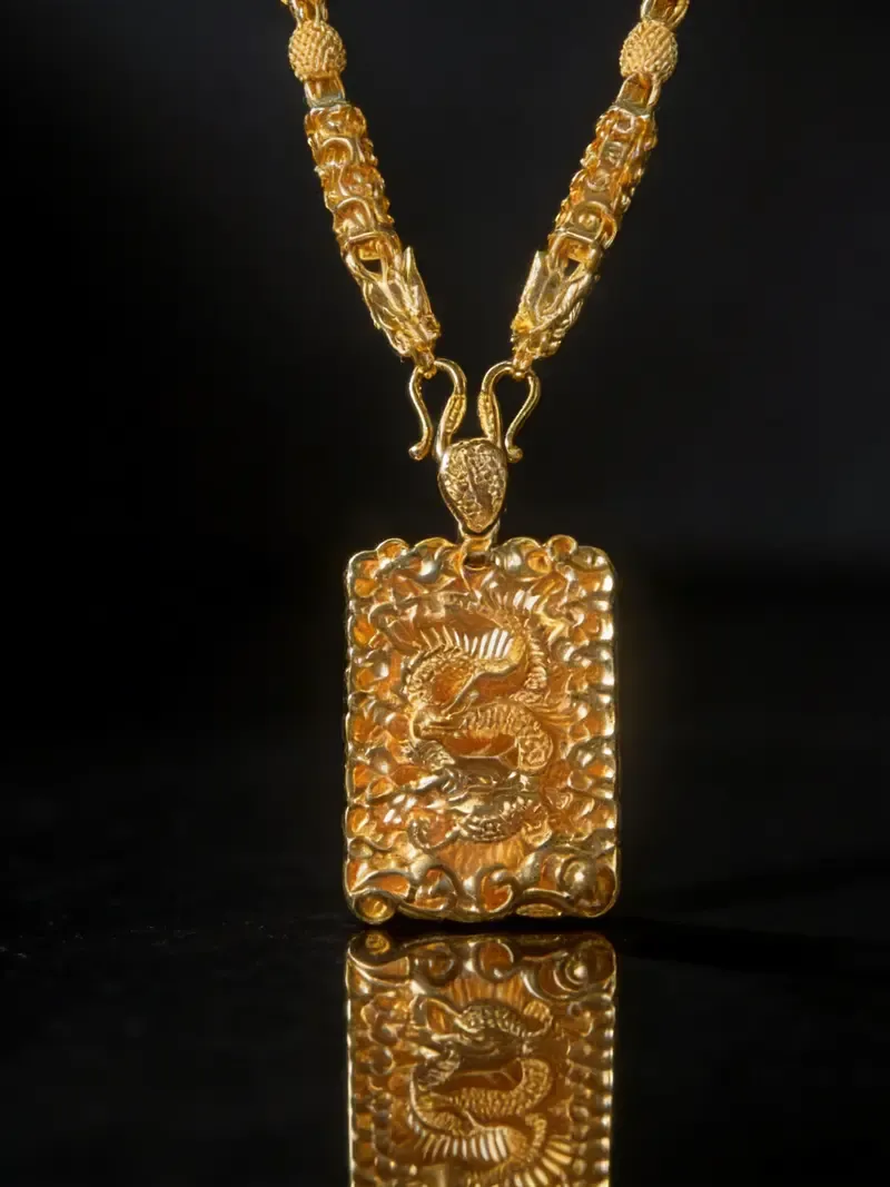 A set.  sand gold plated pendant necklace with a dragon-shaped pendant. Suitable for men to wear. Perfect for special occasions as a beautiful accessory gift for fathers, husbands, and couples. Gold Statement Chain