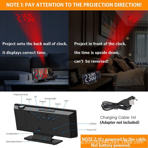 180° Arm Projection Alarm Clock, 1 Count USB Plug-In Digital Alarm Clock, Snooze Table Clock, 12-24-Hour Projector LED Clock, USB Powered Clocks, Home Decor