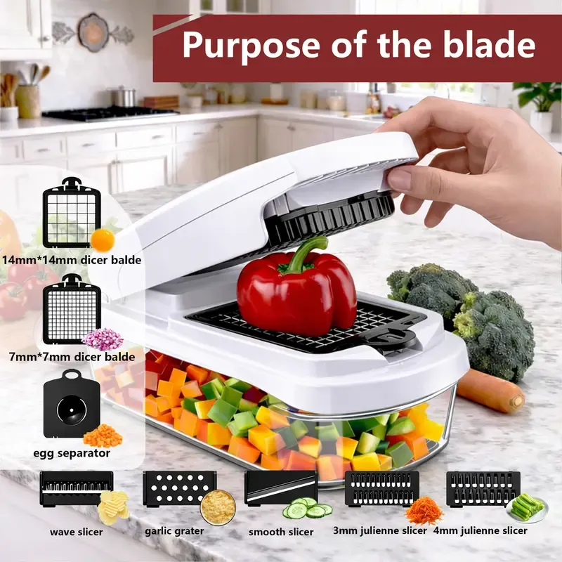 Snofrid Vegetable Chopper,15-in-1 Multifunctional Food Chopper,Professional Onion Chopper with 8 Blades,Vegetable Cutter with Container for Salad,Potato,Carrot,and Garlic, Essential Kitchen Tool